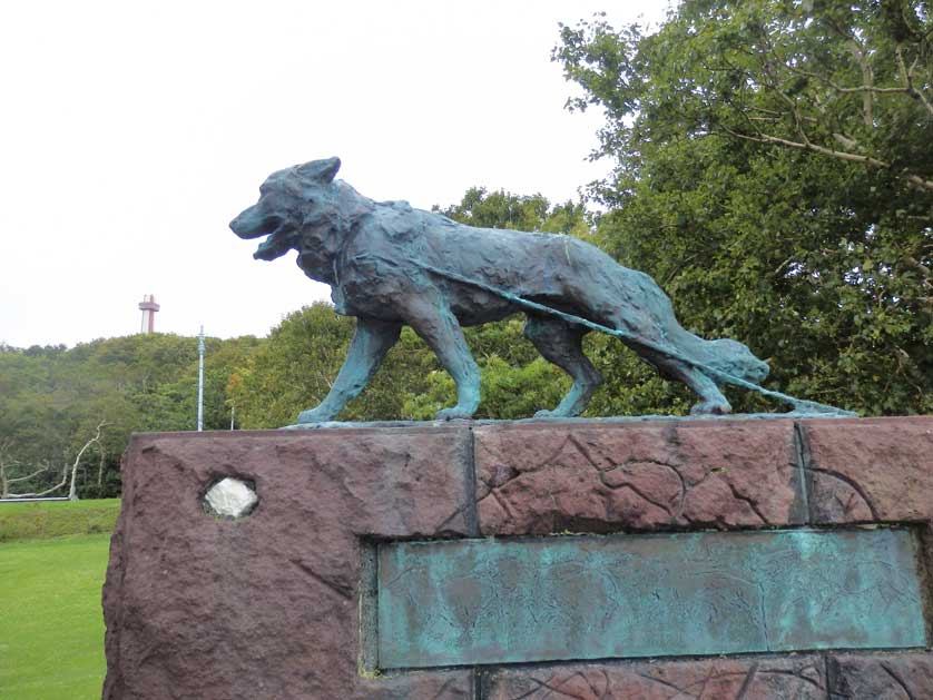 Monument for the two Sakhalin husky dogs surving a year in Antarctica on their own, Wakkanai Koen Park, Hokkaido.