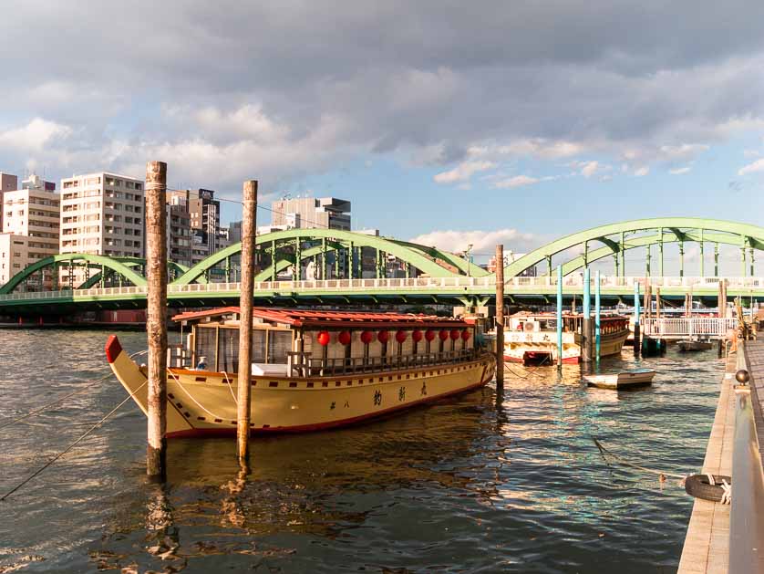 Traditional yakatabune boat moored on the Sumida River, Tokyo.