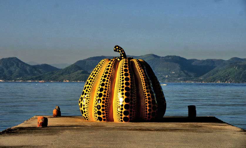 Yayoi Kusama's Pumpkin near the yurts on Naoshima.