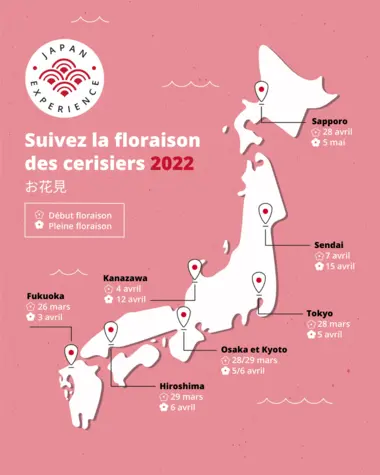 carte du Japon présentant les prévisions de floraison des fleurs de cerisier