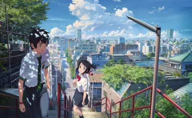 L'une des scènes les plus emblématiques de Your Name, sur les escaliers