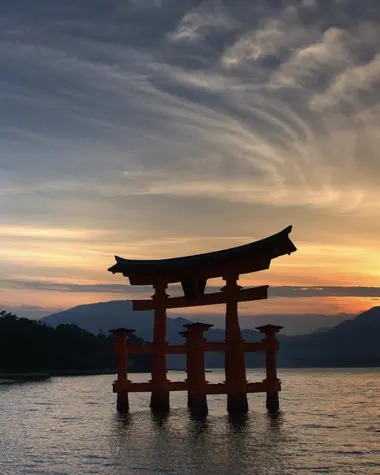 Torii gate at Itsukushima Shrine on Miyajima Island, Hiroshima, Japan