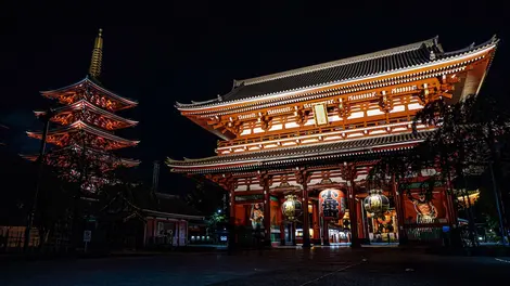 Sensoji temple and Pagoda lit up at night.