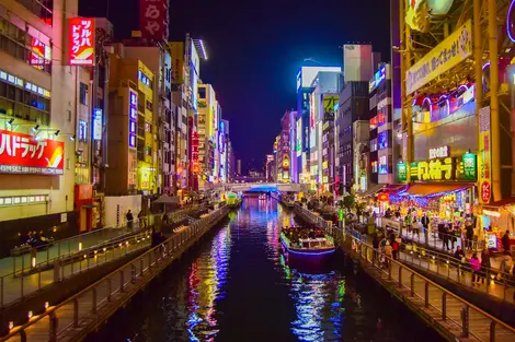 Dotonbori is one of the principal tourist destinations in Osaka, running along the canal in Namba.