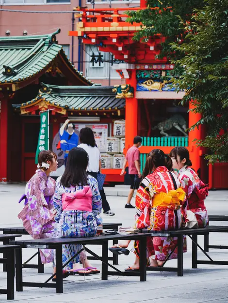 Young girls wearing Yukata at Kanda Myoujin shrine, Tokyo Young girls wearing Yukata at Kanda Myoujin shrine, Tokyo