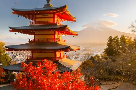 Mount Fuji from Kawaguchiko pagoda in Fall season Mount Fuji from Kawaguchiko pagoda in Fall season