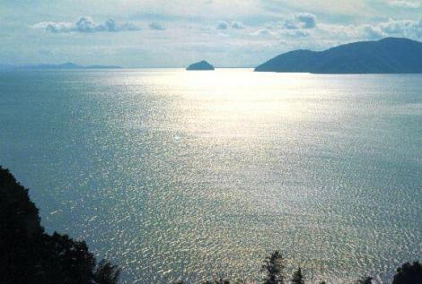 The Chikubushima Island on Lake Biwa, seen from Hikone.
