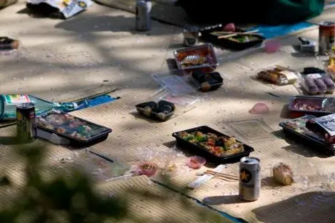 Ein Hanami-Picknick ist stets sehr ausgelassen und vergnüglich, daher sind riesige Nahrungs- und Getränkevorräte nichts Ungewöhnliches. Ein Hanami-Picknick ist stets sehr ausgelassen und vergnüglich, daher sind riesige Nahrungs- und Getränkevorräte nichts Ungewöhnliches.