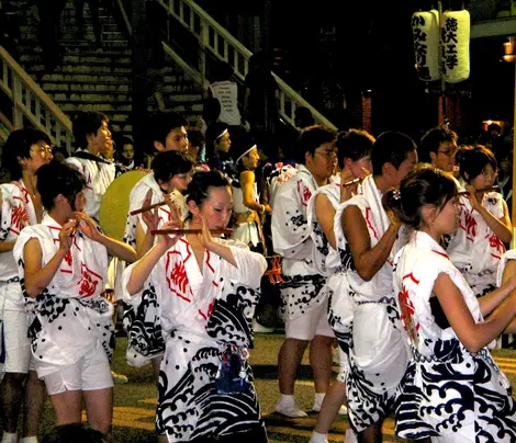 Players of Awa Odori festival flute, Tokushima.