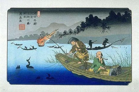 Estampe de Keisai Eisen représentant la pêche au cormoran. Estampe de Keisai Eisen représentant la pêche au cormoran