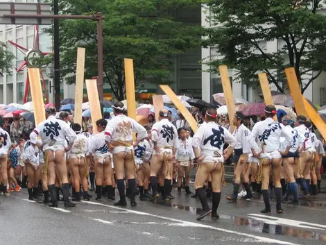 Keeping wearers Yamakasa traditional folklore Hakata Gion festival Yamakasa.