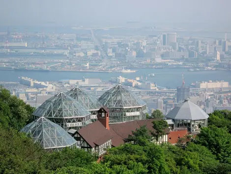 The upper cable car station above the city of Kobe in Nunibiki park.