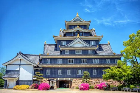 Negro, blanco y dorado son los colores del Okayama-jo, castillo del siglo  XVI, destruido y reconstruido múltiples veces.