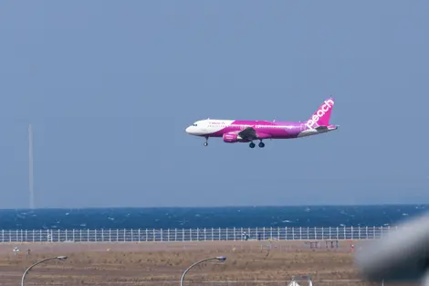 Un avion de la compagnie Peach atterrit à Kansai Airport Un avion de la compagnie Peach atterrit à Kansai Airport
