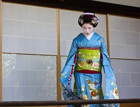 Une maiko en kimono bleu.