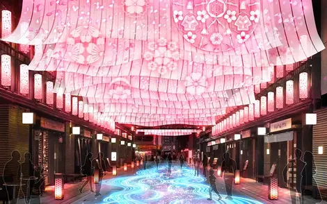 Spectacles avec projection, son et lumière sur le thème des cerisiers en fleurs à la sakura nihonbashi gate Spectacles avec projection, son et lumière sur le thème des cerisiers en fleurs à la sakura nihonbashi gate