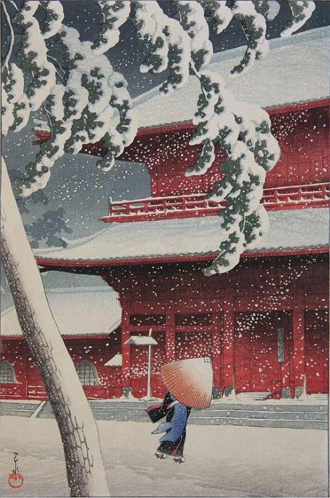 Le temple Zozo-ji à Shiba sous la neige (1925). Estampe de Hasui Kawase 