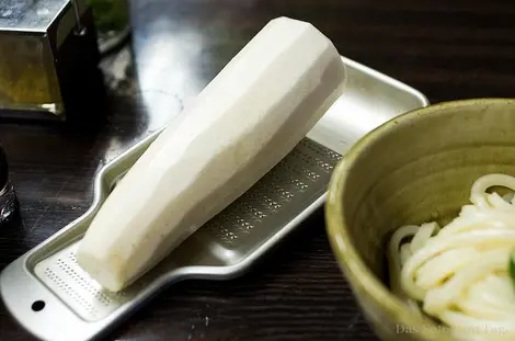 L'oroshi gane est notamment utilisé pour râper le daikon (radis blanc) L'oroshi gane est notamment utilisé pour râper le daikon (radis blanc)