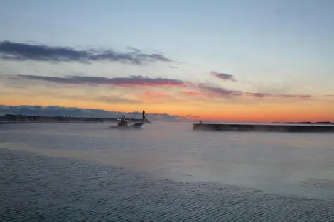 Tôt le matin, les pêcheurs reviennent au port avec leur filet empli de saumon