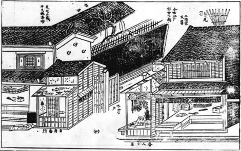 Dessin d'une machiya à l'ère d'Edo (1603-1868) Dessin d'une machiya à l'ère d'Edo (1603-1868)