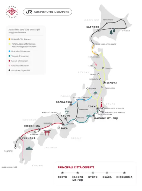 Mappa del JR Pass per tutto il Giappone