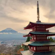 Mount Fuji from Kawaguchiko pagoda at sunset