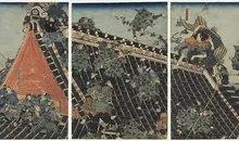 A wook block print of a battle on a rooftop. 