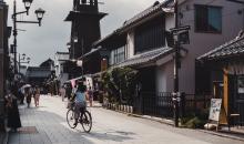 Traditional looking street in Kawagoe, with clock tower in the background