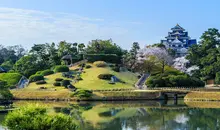 Japanese garden with large pond in the foreground and castle in the background