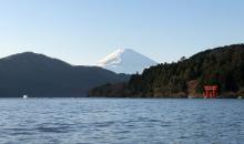 Lake Ashi, Hakone, with a red Torii in the water