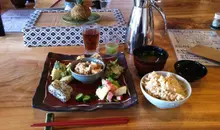 The lunch menu at Soh Soh: brown rice and mixed vegetables.