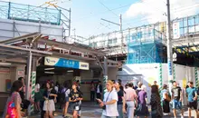 South Exit of Shimokitazawa Station, Keio and Odakyu lines, with Inokashira line train in background