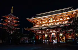 Sensoji temple and Pagoda lit up at night.