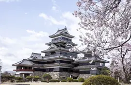 Alpes Japonaises, ville de Matsumoto, et au milieu, le château du corbeau et son parc 