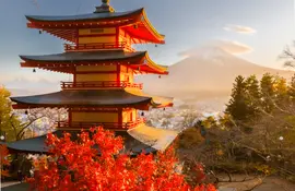 Mount Fuji from Kawaguchiko pagoda in Fall season 