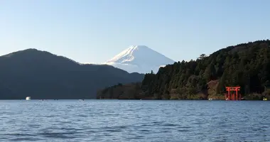 Lake Ashi, Hakone, with a red Torii in the water
