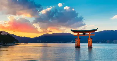 This famous vermilion "torii" gate is located at the entrance to Miyajima Island off the coast of Hiroshima