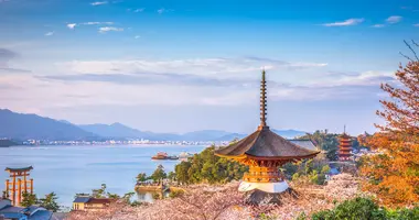 The sacred island of Miyajima and its famous torii with feet in water, worth a visit off Hiroshima in Japan