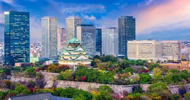 Osaka castle, surrounded by city business center skycrapers