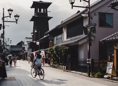 Traditional looking street in Kawagoe, with clock tower in the background
