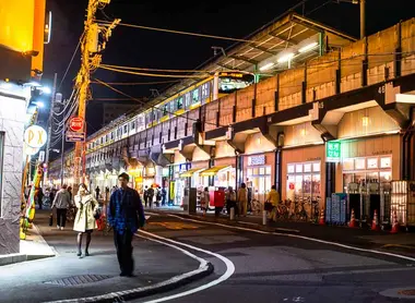 Nighttime under the Sobu Line at Ryogoku Station