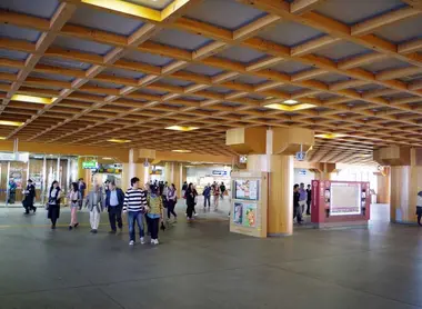Inside JR Nara Station, with the roof recalling the temple architecture of the city Inside JR Nara Station, with the roof recalling the temple architecture of the city