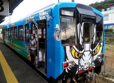 Susano o no mikoto, the hero god who defeats the Yamata no Orochi, Gotsu Station, Shimane Prefecture