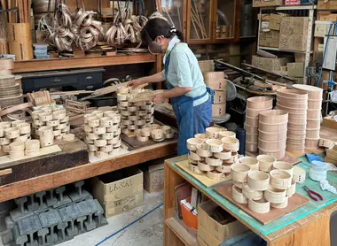 Magemono wood strips are soaked in hot water for bending easier. 