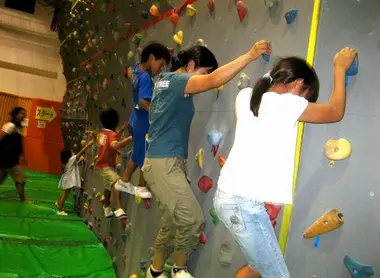 The climbing wall, one of the many playgrounds that make up the Children's Castle in Tokyo.