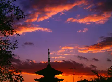 Vista nocturna de la pagoda del templo Yasaka Jinja.