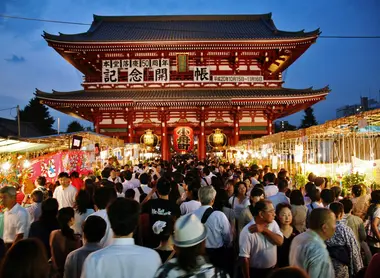 The Asakusa district in Tokyo, lined aisles shopping leads to Kaminanimon the Thunder Gate.