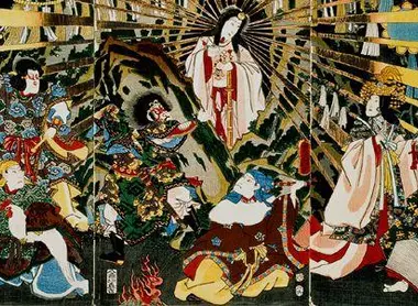 La déesse du soleil, Amaterasu, émergeant d'une grotte. La déesse du soleil, Amaterasu, émergeant d'une grotte.