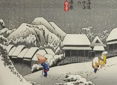 Nieve al anochecer, por Hirosige Andō, 15ª etapa de las Cincuenta y Tres Etapas de la ruta Tōkaidō