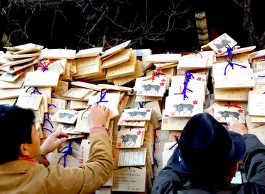 A ema is a wooden plaque containing prayers or wishes found in the Shinto temples in Japan.